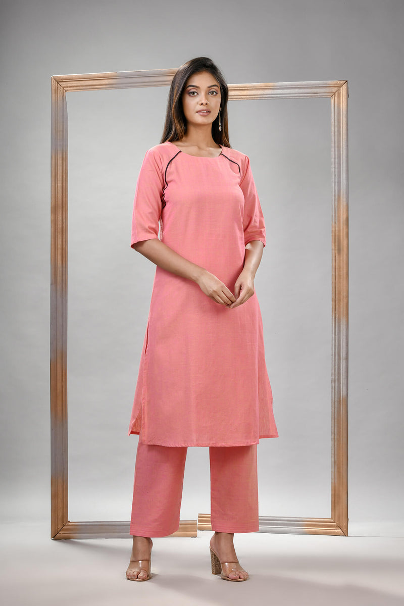 Peach Pink Cotton Bengal Handwoven Kurta Set