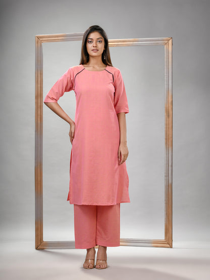 Peach Pink Cotton Bengal Handwoven Kurta Set