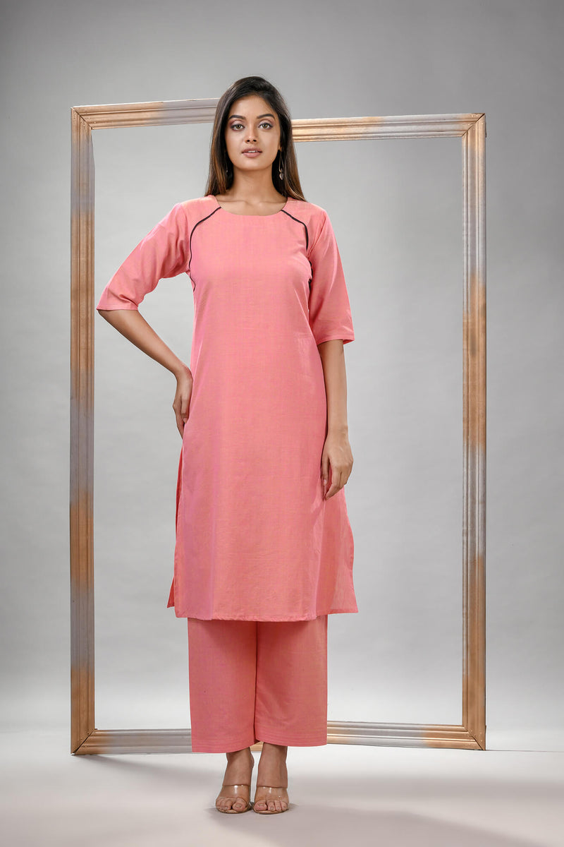 Peach Pink Cotton Bengal Handwoven Kurta Set