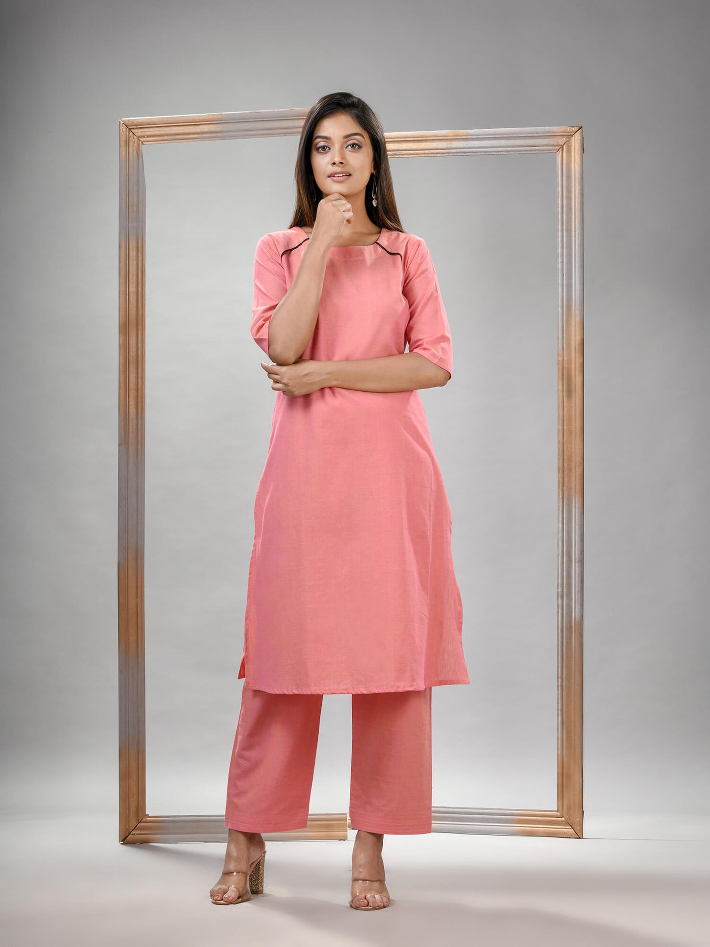 Peach Pink Cotton Bengal Handwoven Kurta Set