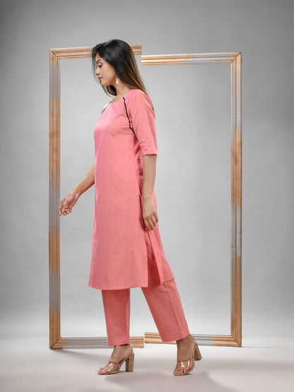 Peach Pink Cotton Bengal Handwoven Kurta Set