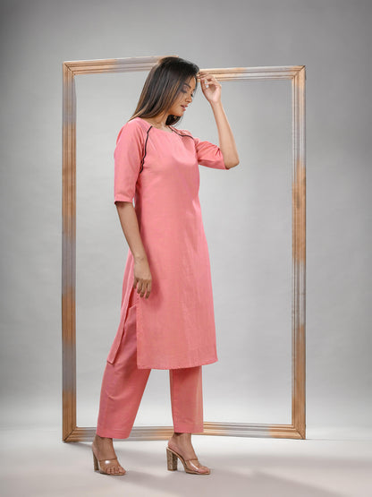 Peach Pink Cotton Bengal Handwoven Kurta Set