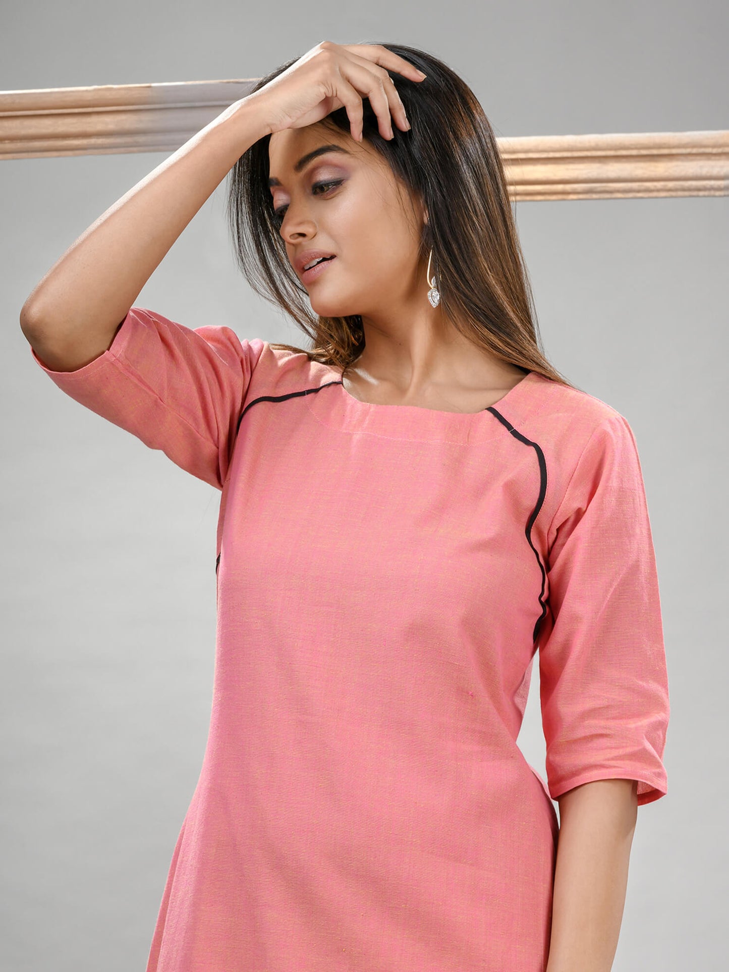 Peach Pink Cotton Bengal Handwoven Kurta Set