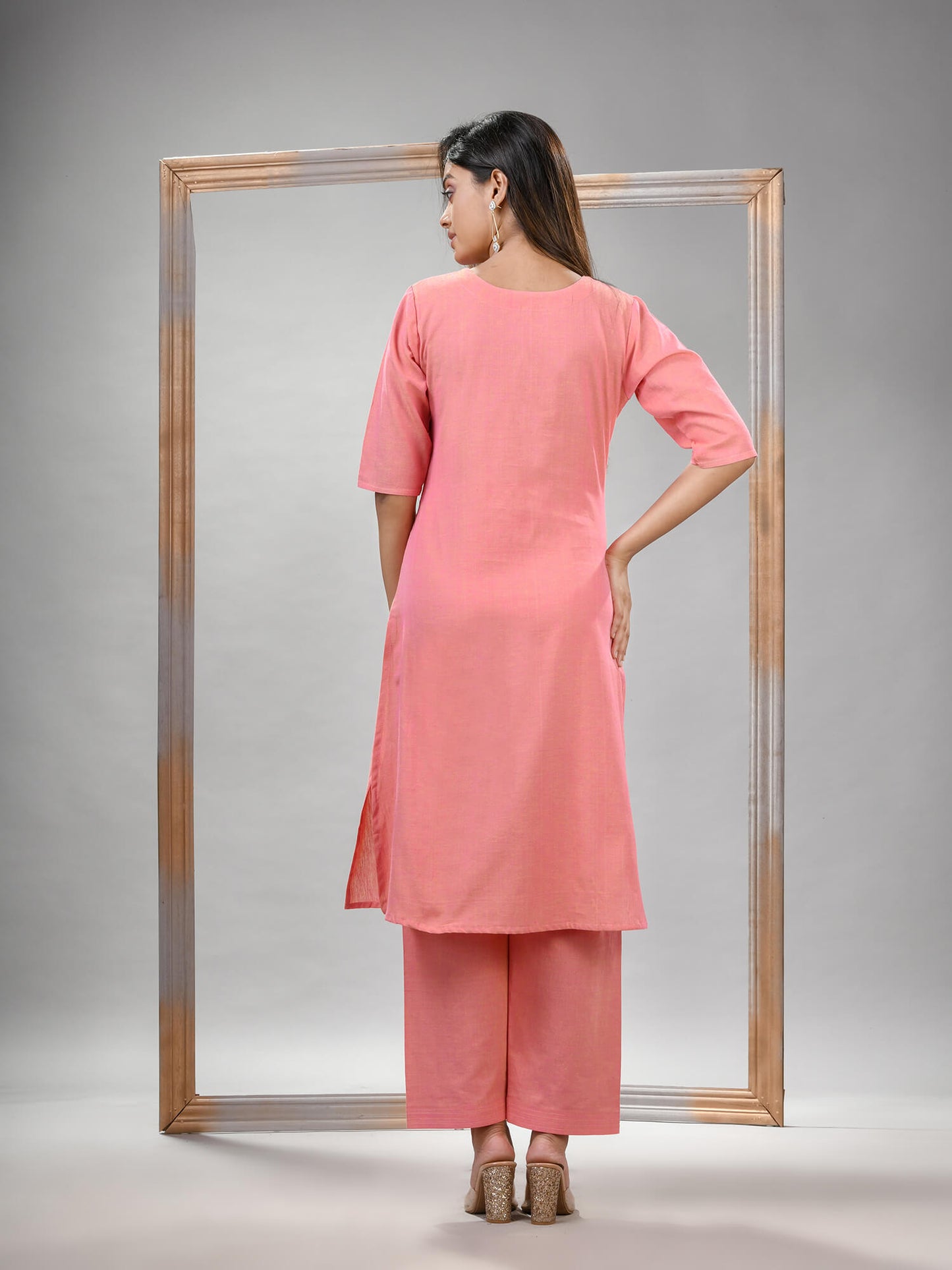 Peach Pink Cotton Bengal Handwoven Kurta Set