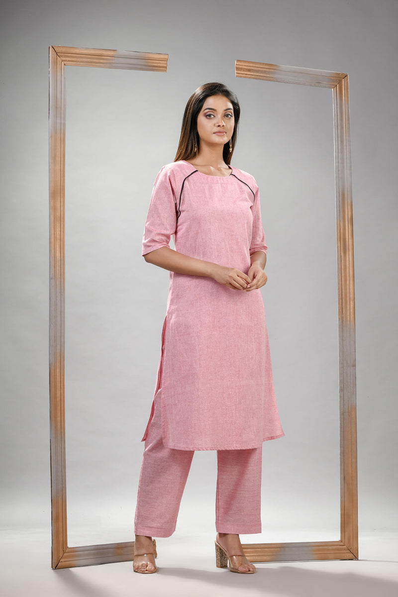 Crepe Pink Cotton Bengal Handwoven Kurta Set