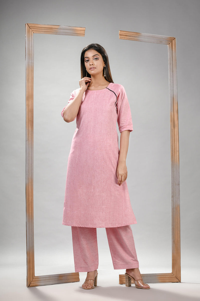 Crepe Pink Cotton Bengal Handwoven Kurta Set