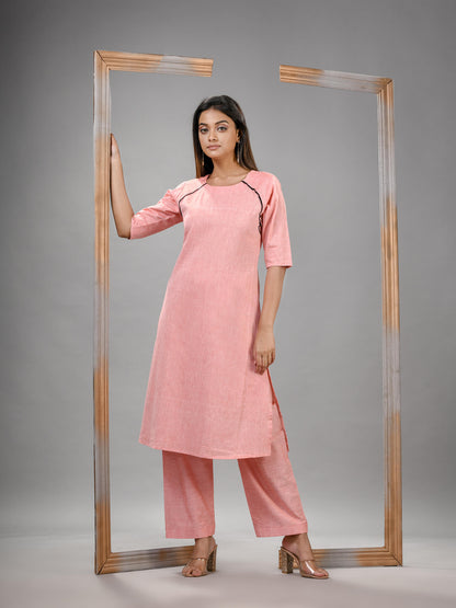 Peach Cotton Bengal Handwoven Kurta Set