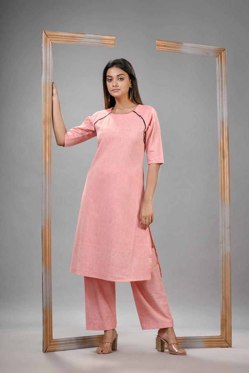 Peach Cotton Bengal Handwoven Kurta Set