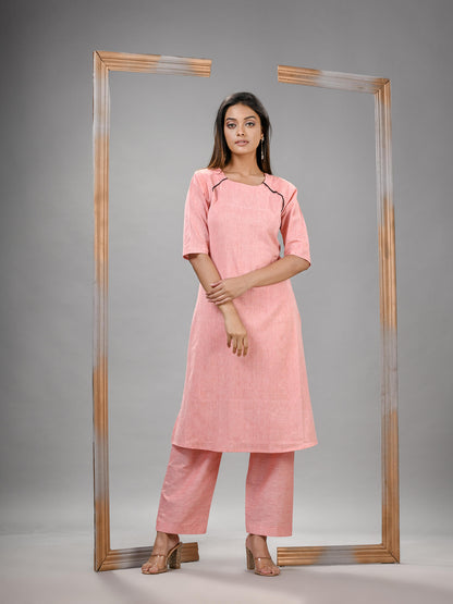 Peach Cotton Bengal Handwoven Kurta Set