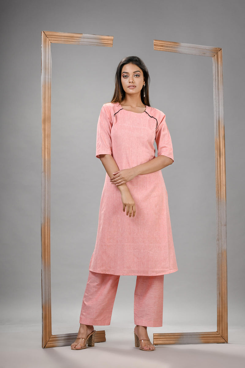 Peach Cotton Bengal Handwoven Kurta Set