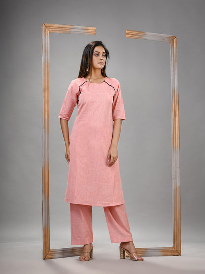 Peach Cotton Bengal Handwoven Kurta Set