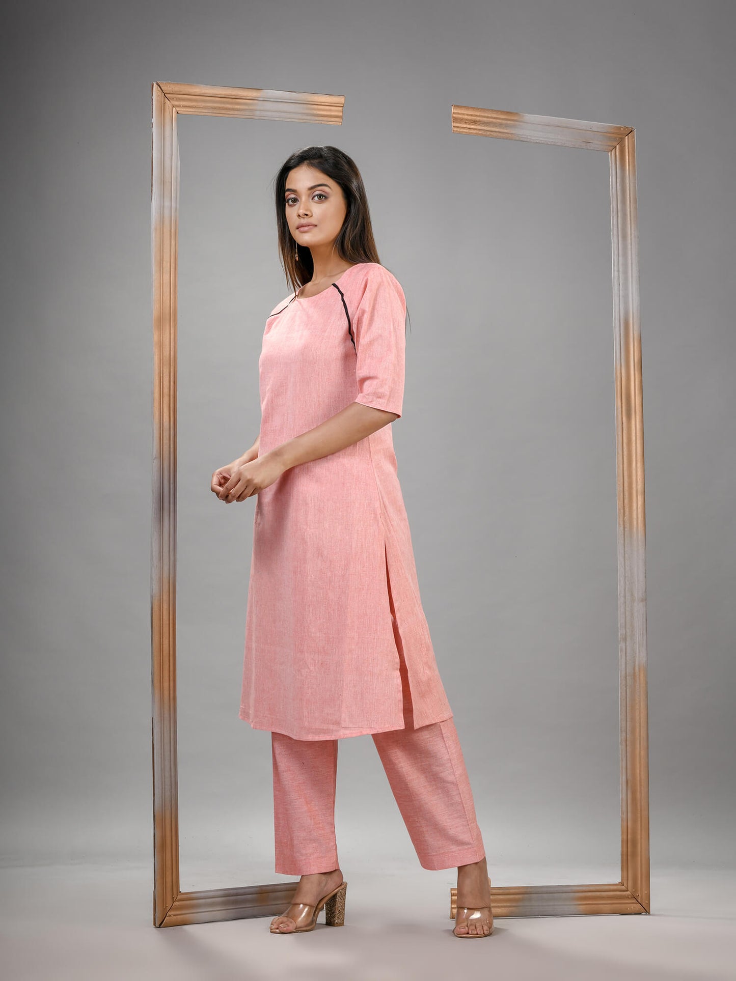 Peach Cotton Bengal Handwoven Kurta Set