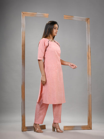 Peach Cotton Bengal Handwoven Kurta Set