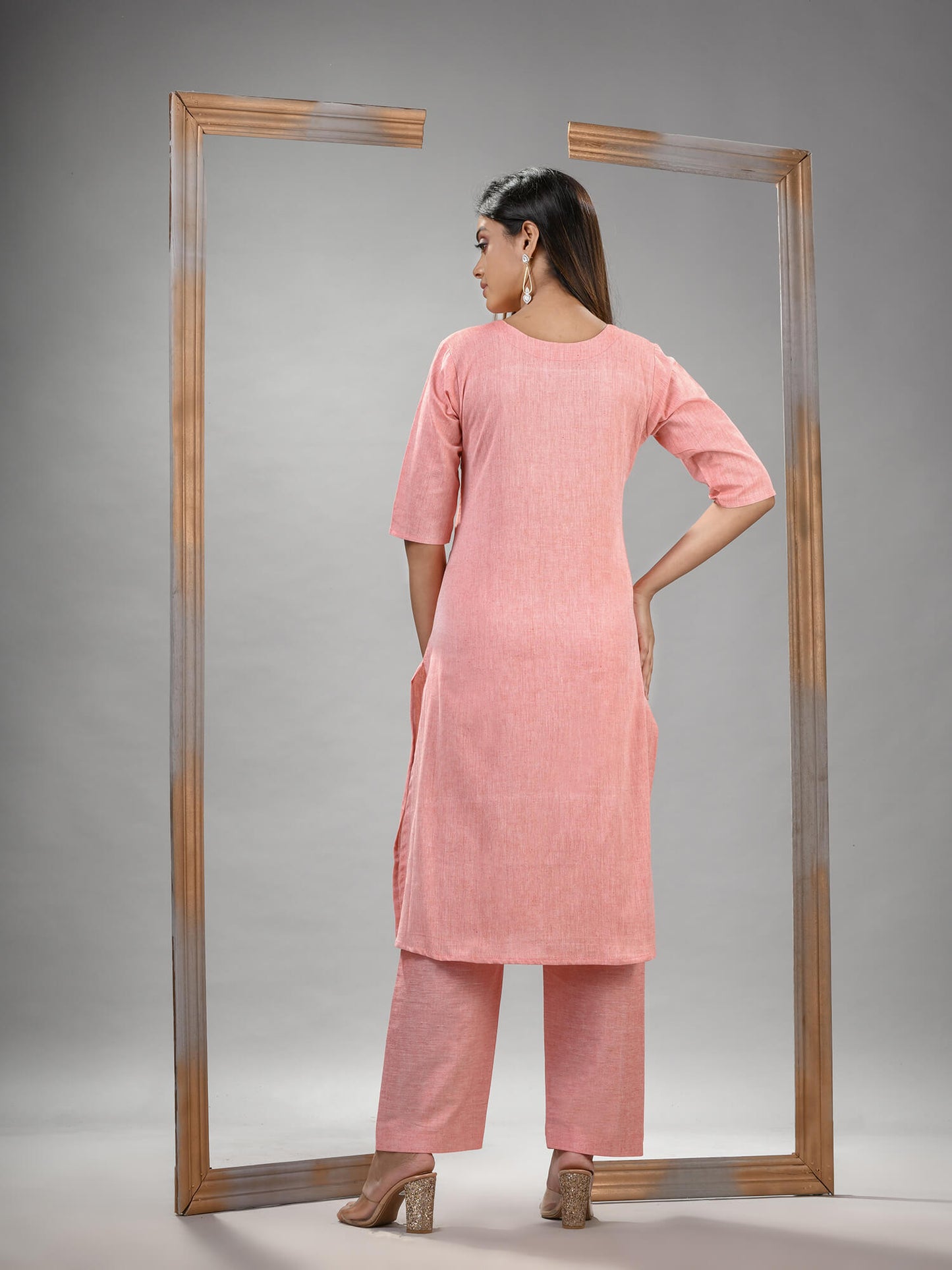 Peach Cotton Bengal Handwoven Kurta Set