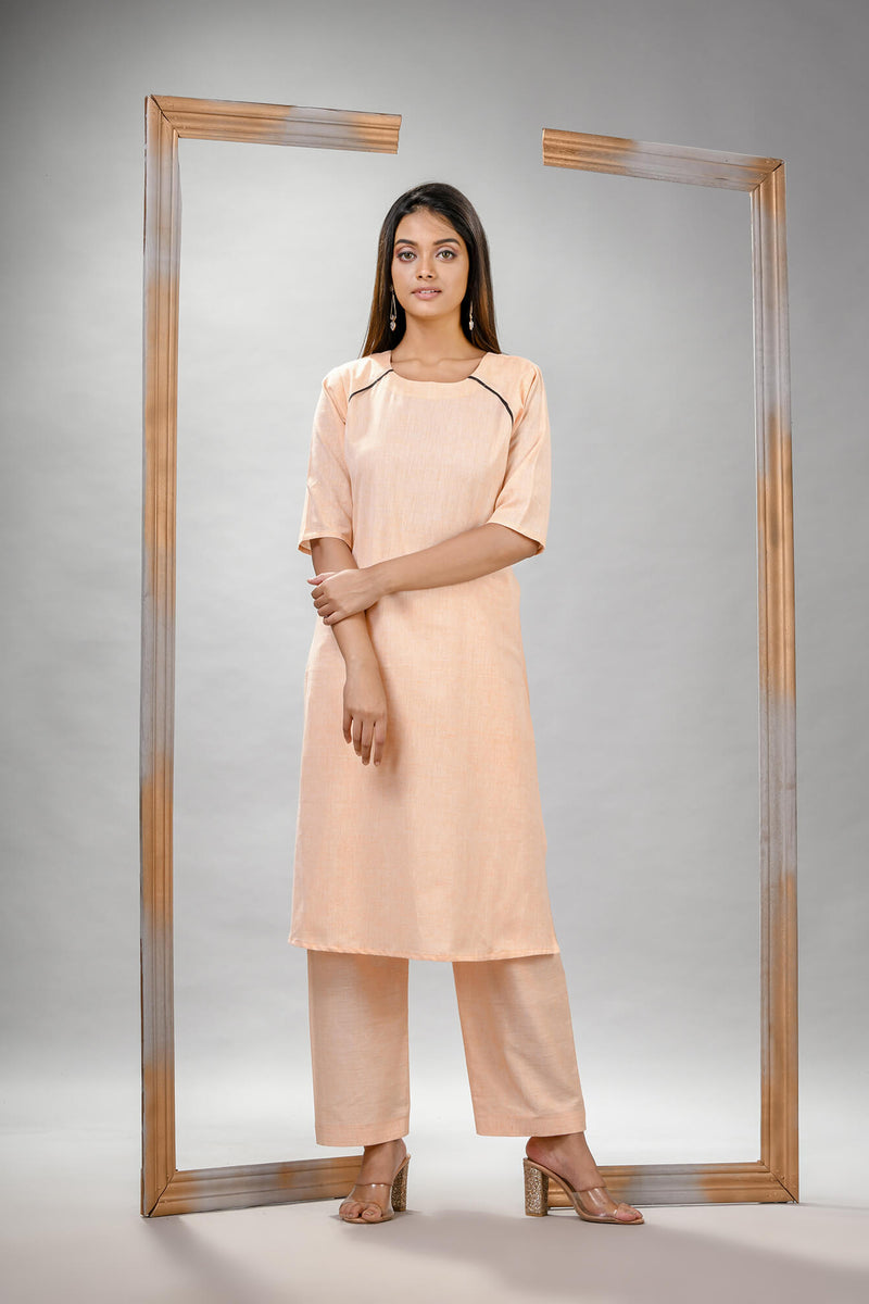 Light Peach Cotton Bengal Handwoven Kurta Set