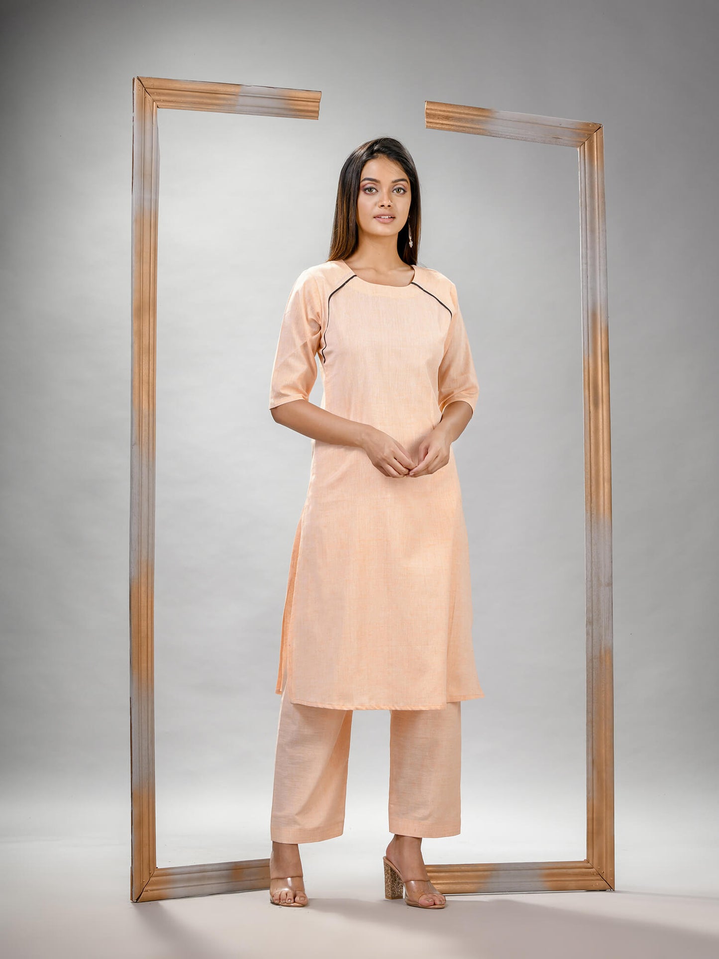 Light Peach Cotton Bengal Handwoven Kurta Set