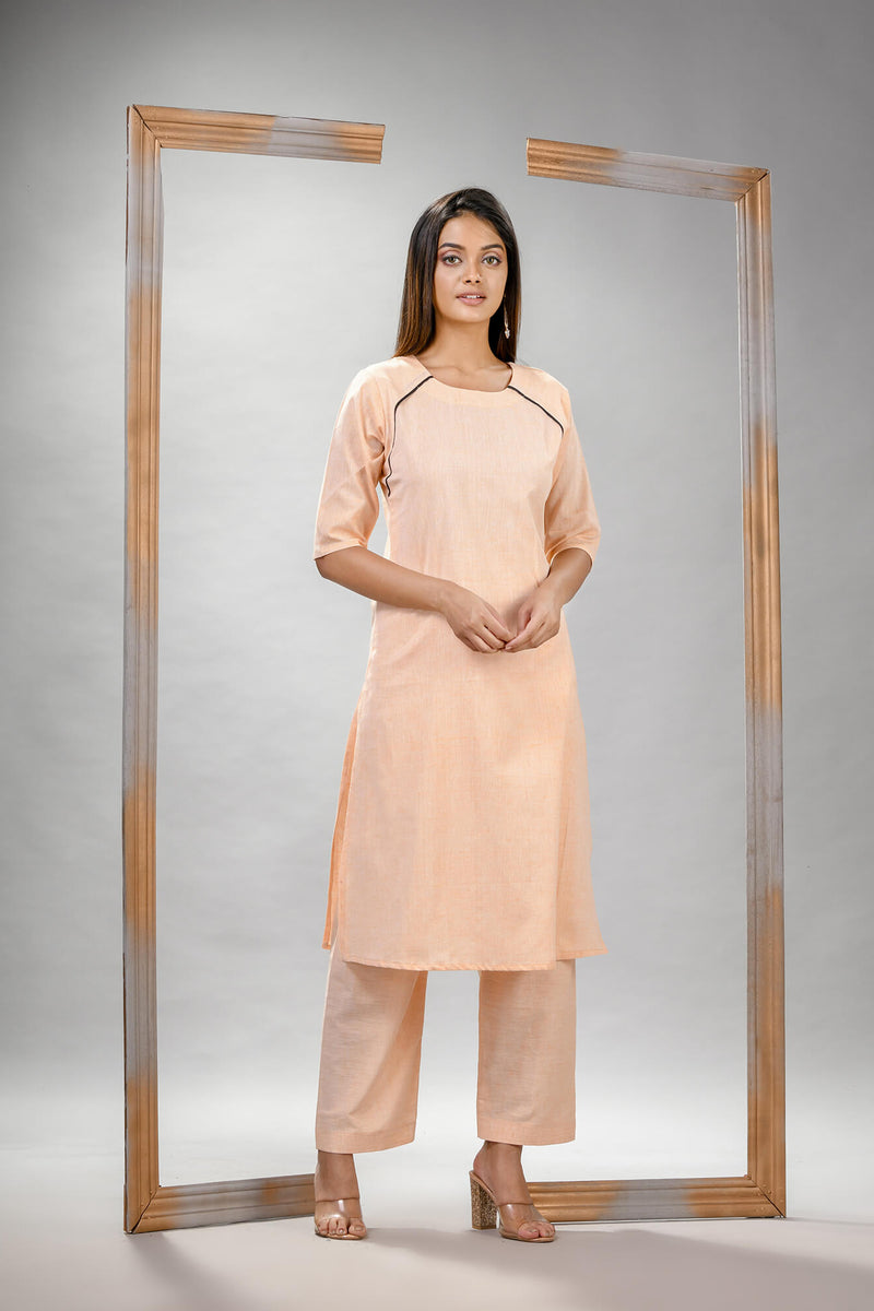 Light Peach Cotton Bengal Handwoven Kurta Set