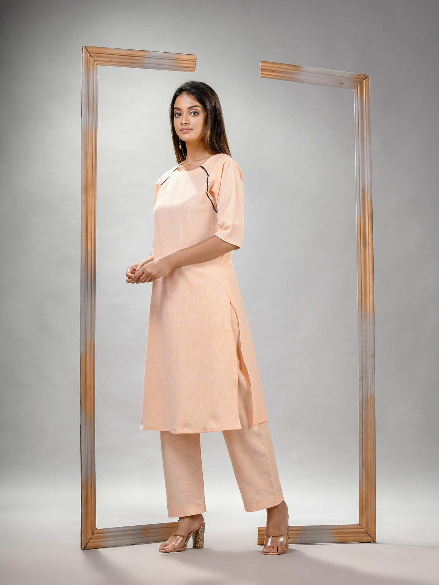 Light Peach Cotton Bengal Handwoven Kurta Set