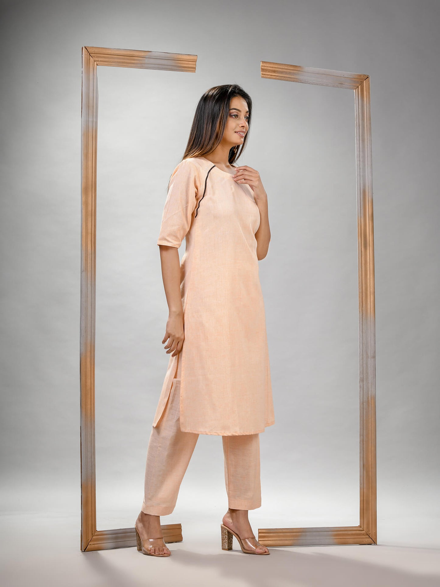 Light Peach Cotton Bengal Handwoven Kurta Set