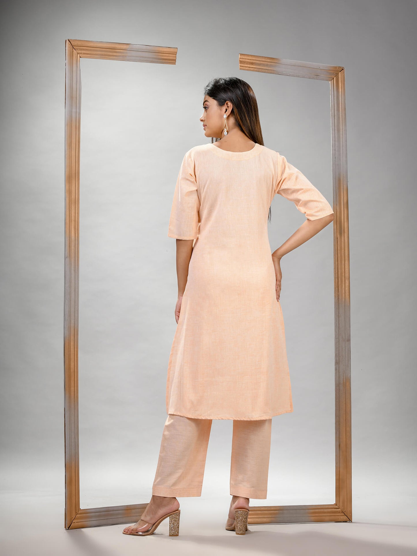 Light Peach Cotton Bengal Handwoven Kurta Set