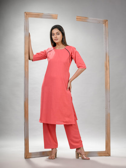 Peach Pink Cotton Bengal Handwoven Kurta Set