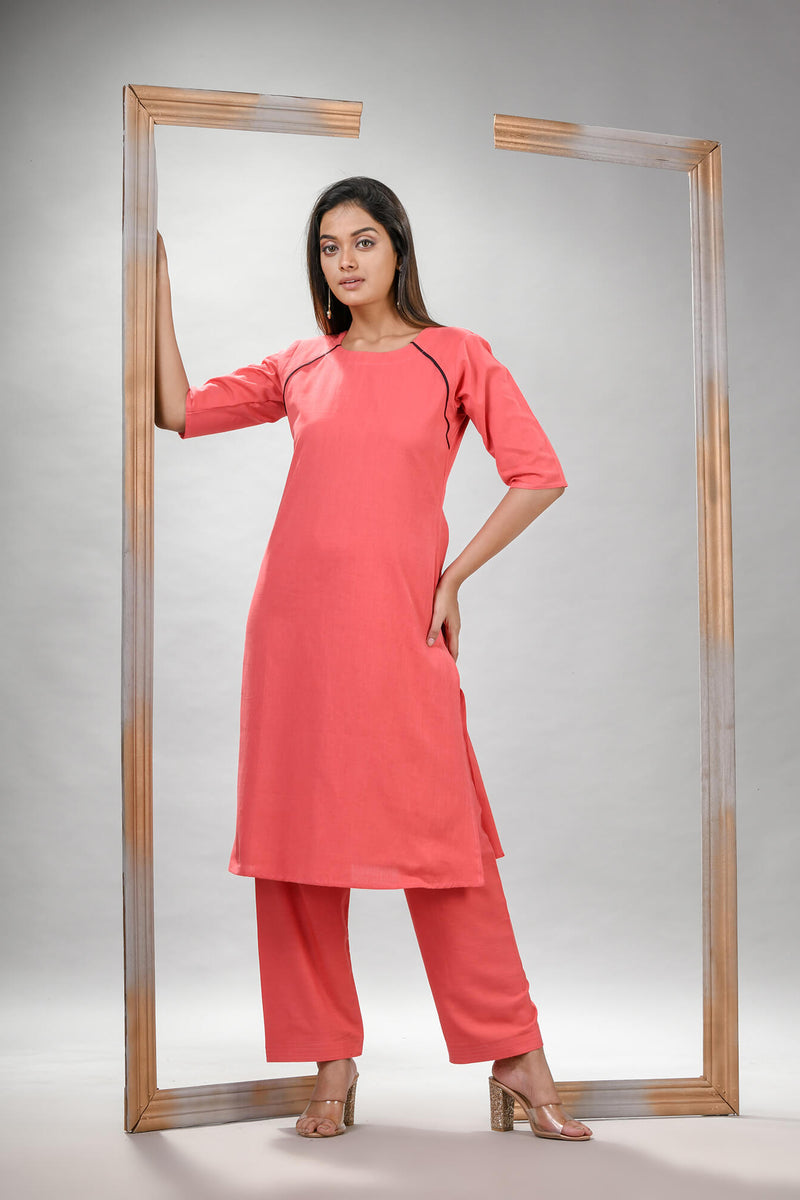 Peach Pink Cotton Bengal Handwoven Kurta Set