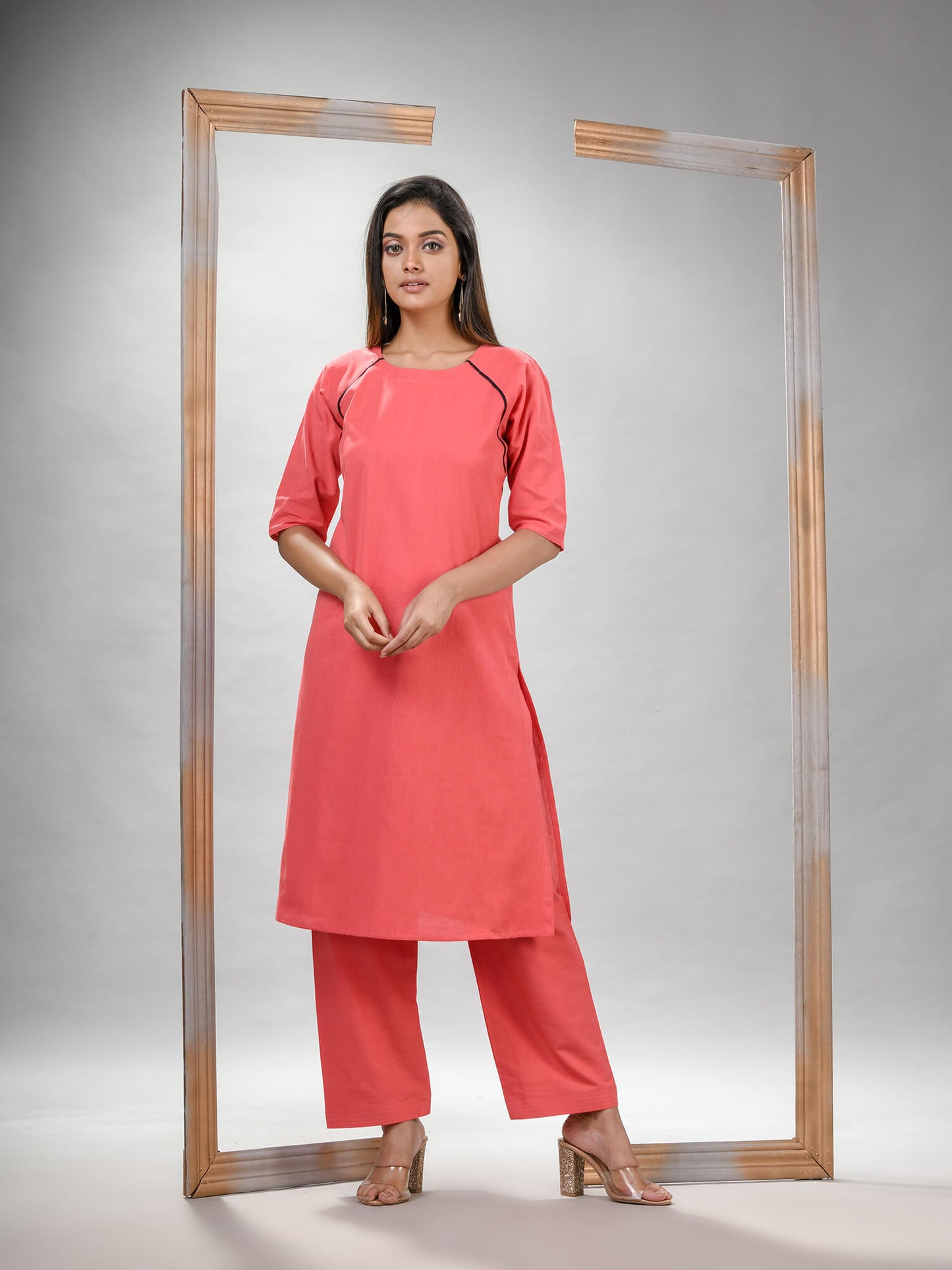 Peach Pink Cotton Bengal Handwoven Kurta Set