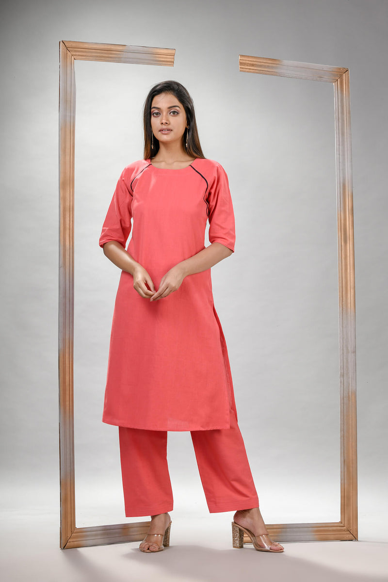 Peach Pink Cotton Bengal Handwoven Kurta Set