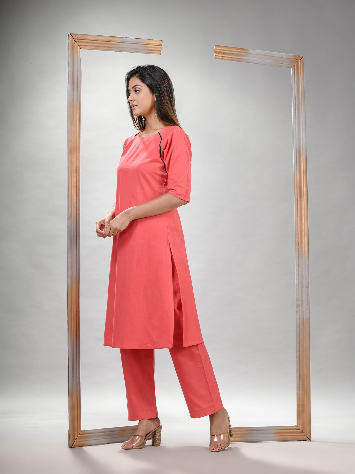 Peach Pink Cotton Bengal Handwoven Kurta Set