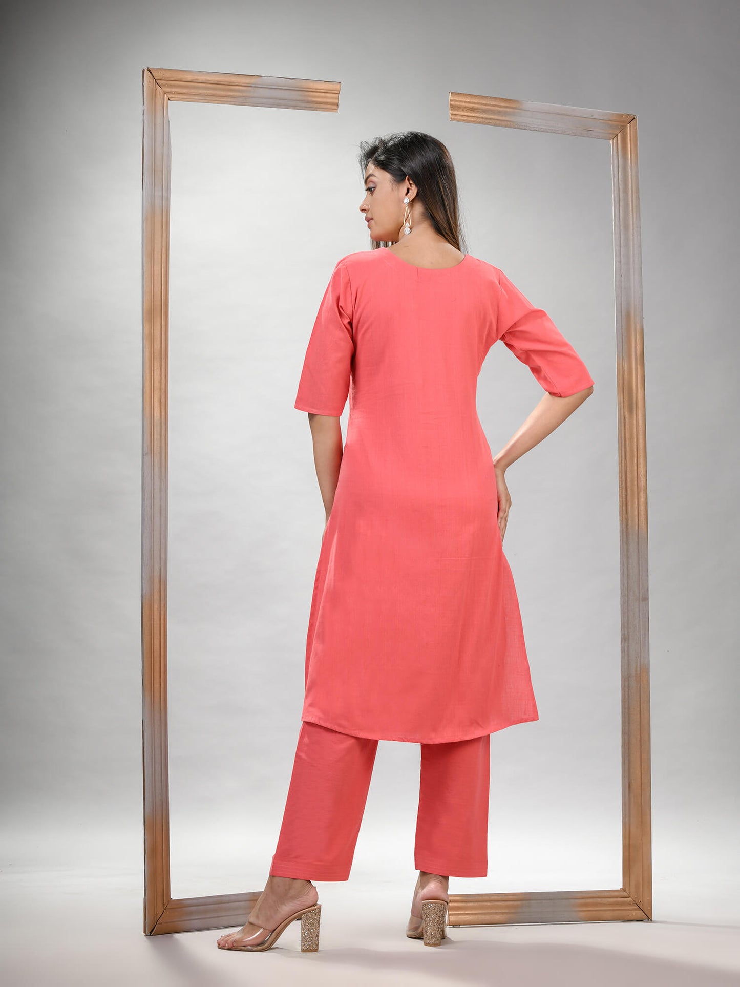 Peach Pink Cotton Bengal Handwoven Kurta Set