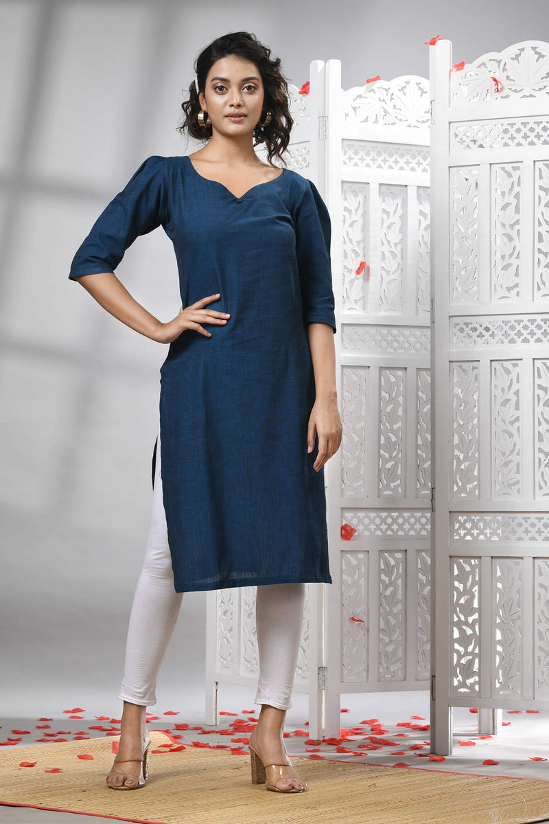 Deep Blue Cotton Bengal Handwoven Kurti