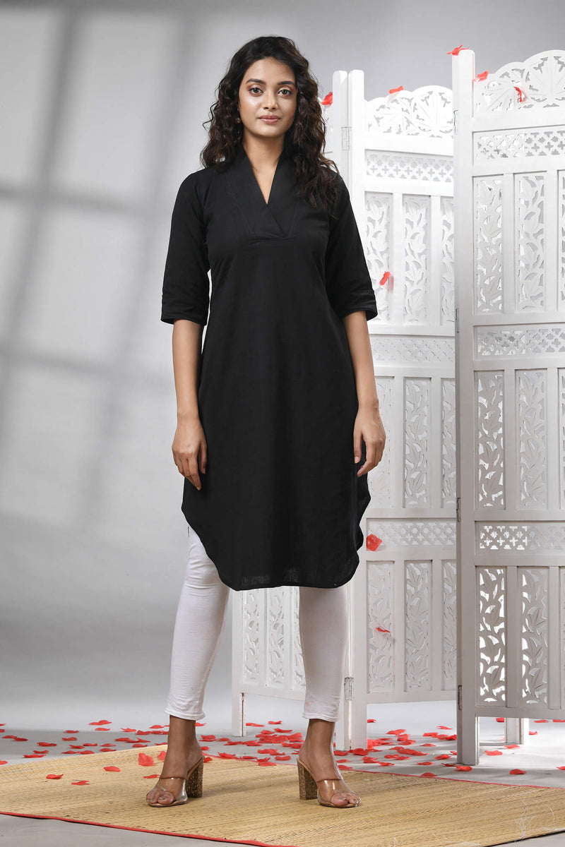Black Cotton Bengal Handwoven Kurti