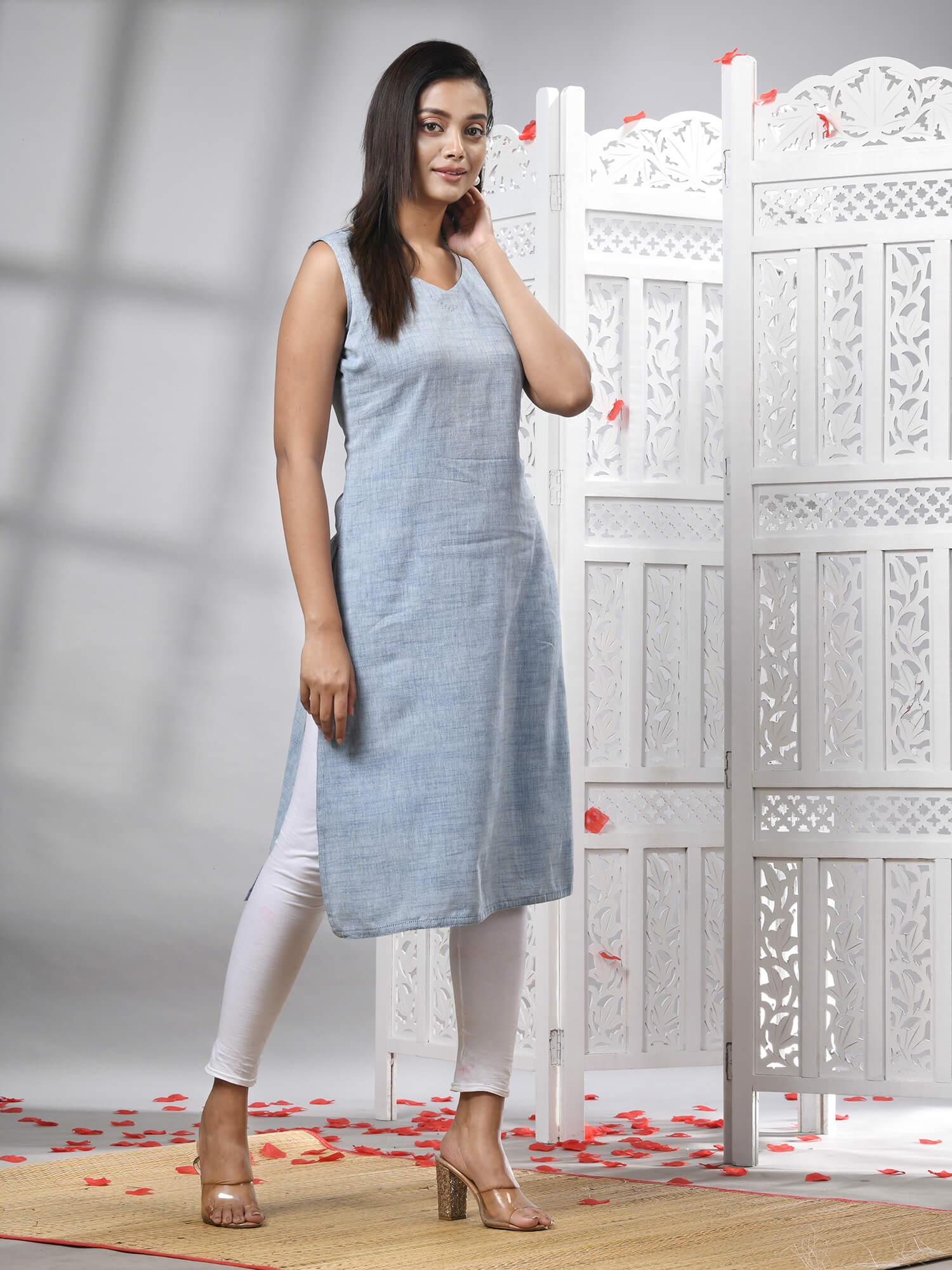 Cadet Blue Cotton Bengal Handwoven Kurti