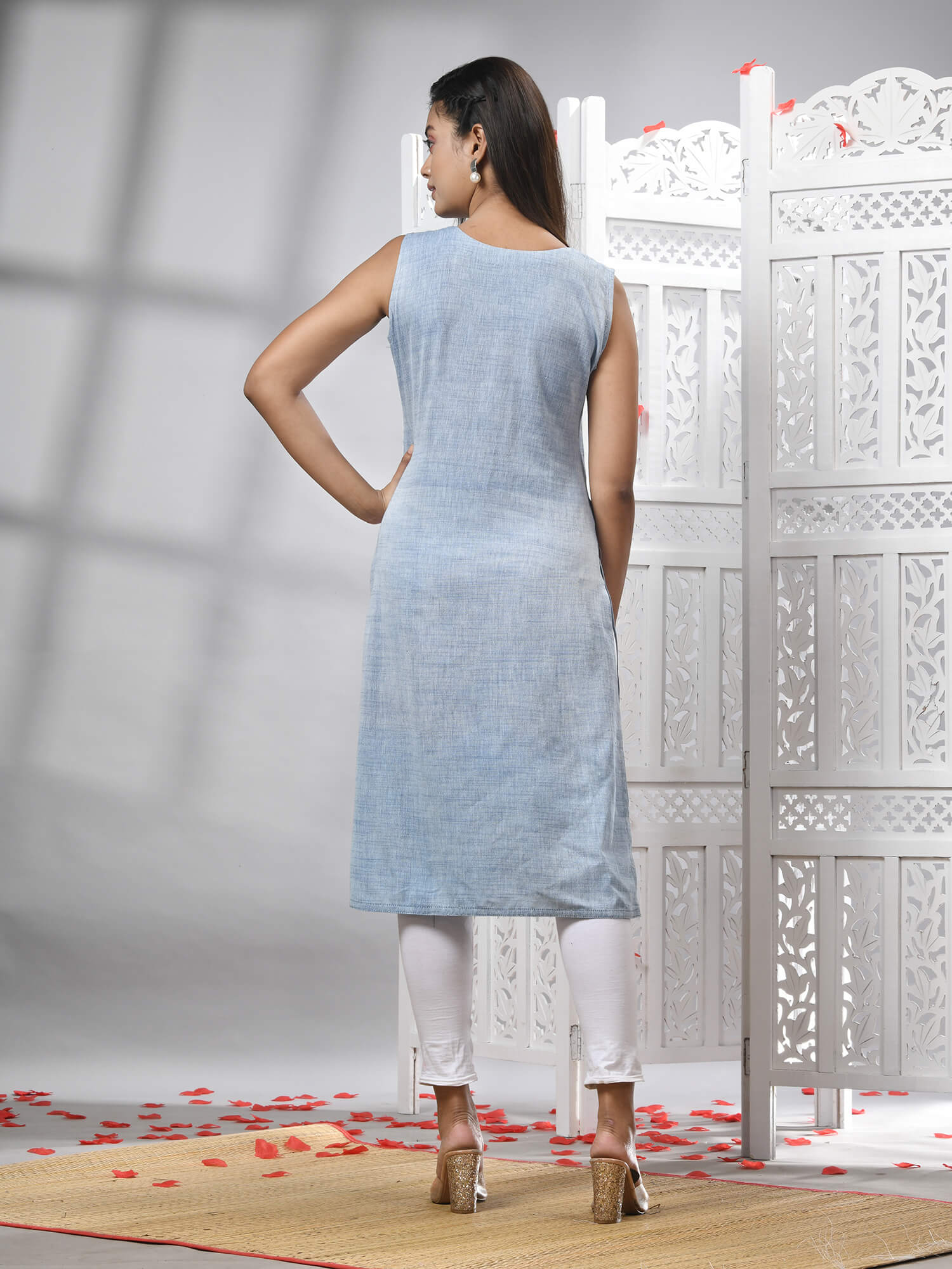 Cadet Blue Cotton Bengal Handwoven Kurti