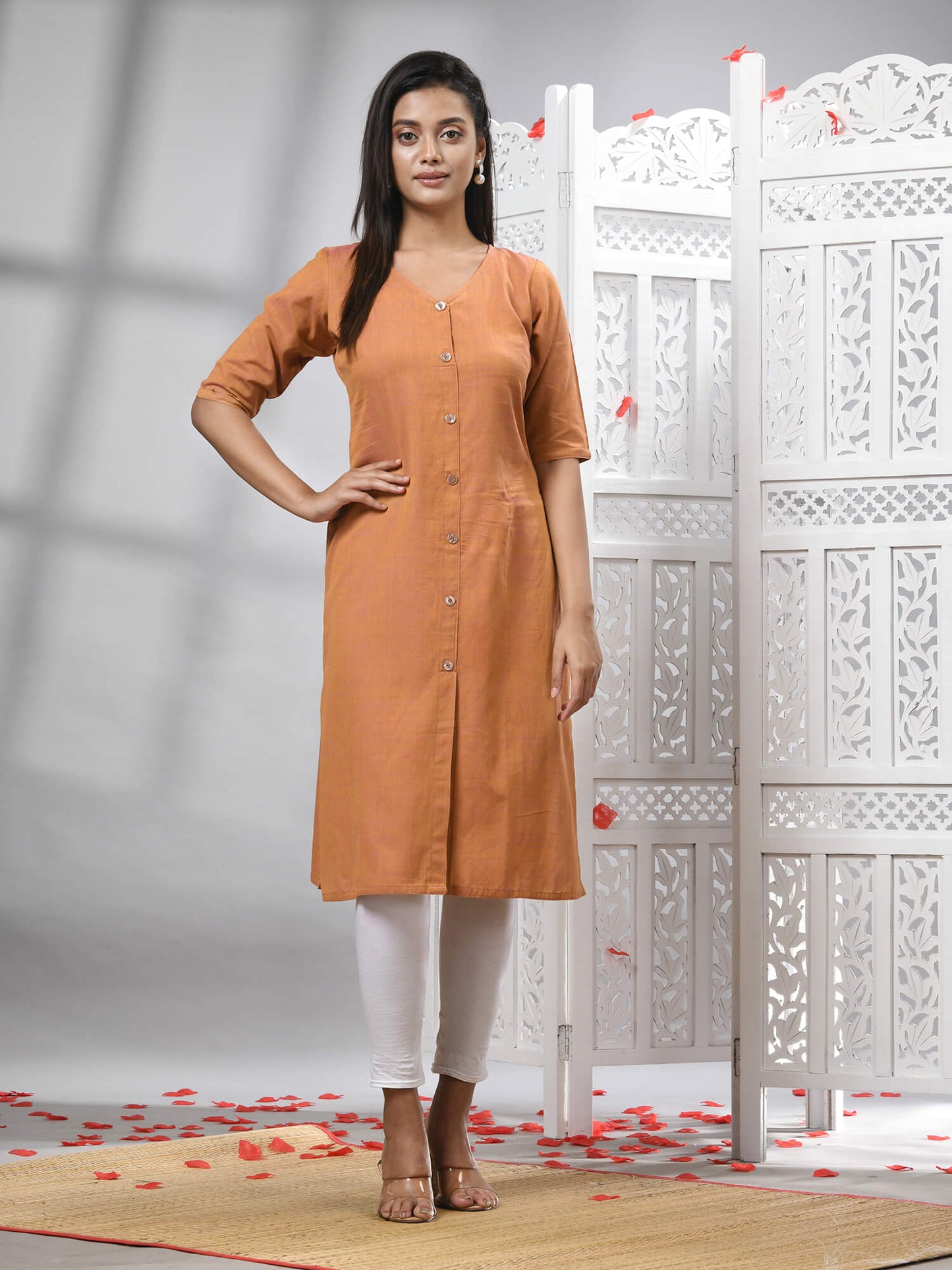 Peach Cotton Bengal Handwoven Kurti