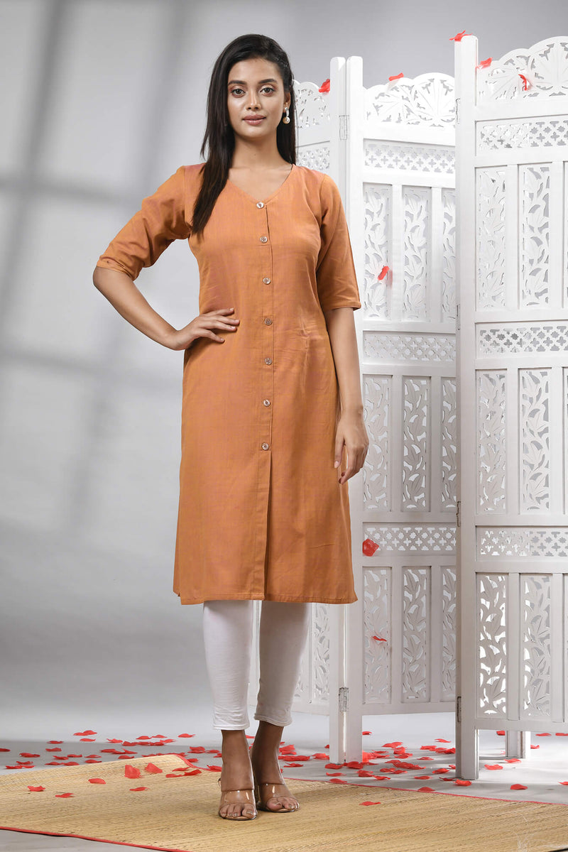 Peach Cotton Bengal Handwoven Kurti