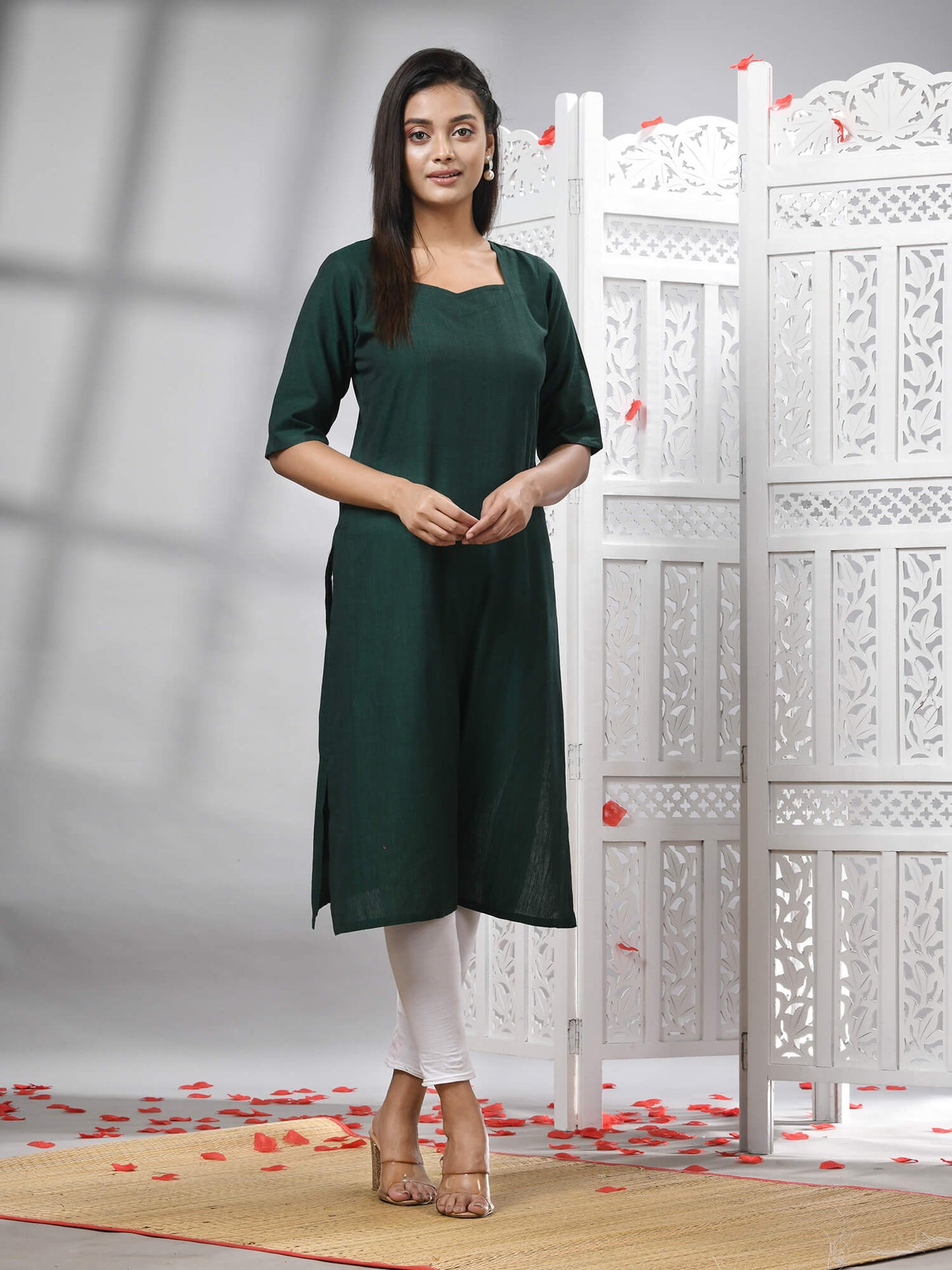 Bottle Green Cotton Bengal Handwoven Kurti