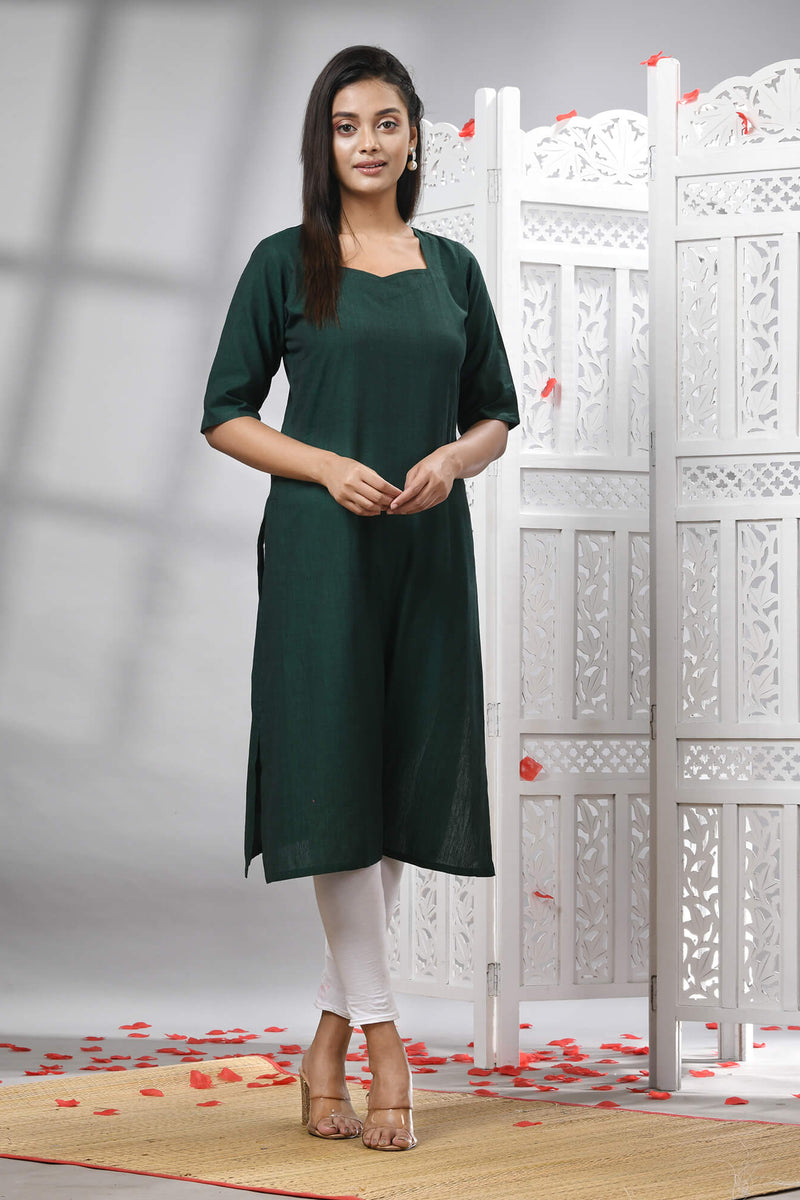 Bottle Green Cotton Bengal Handwoven Kurti