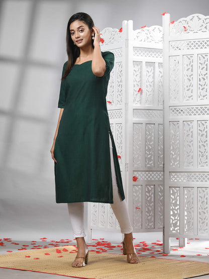 Bottle Green Cotton Bengal Handwoven Kurti