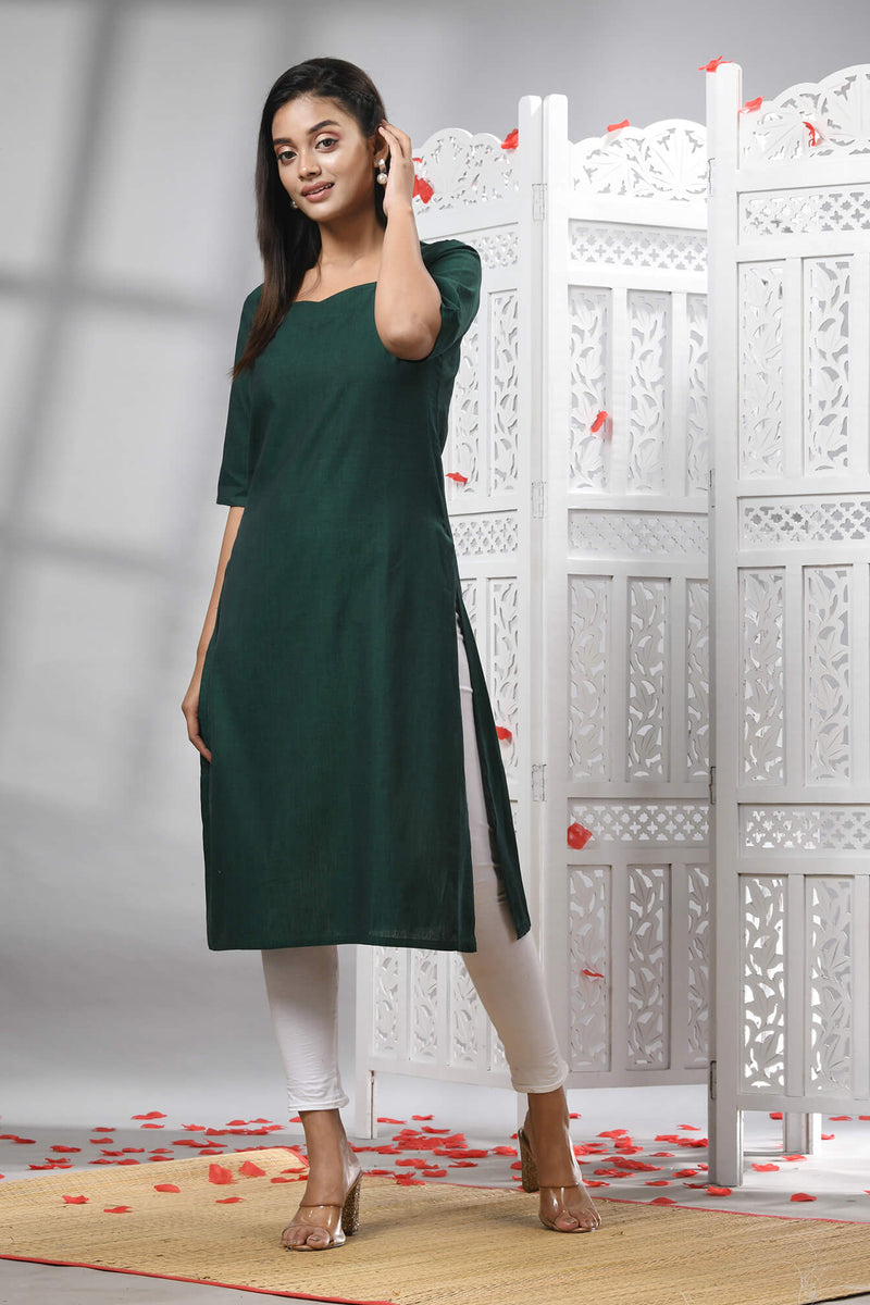 Bottle Green Cotton Bengal Handwoven Kurti
