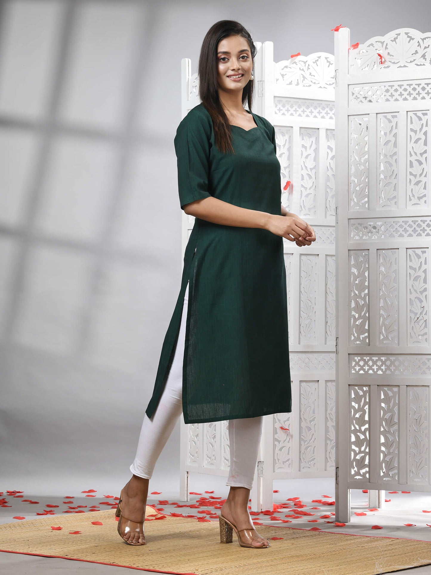 Bottle Green Cotton Bengal Handwoven Kurti