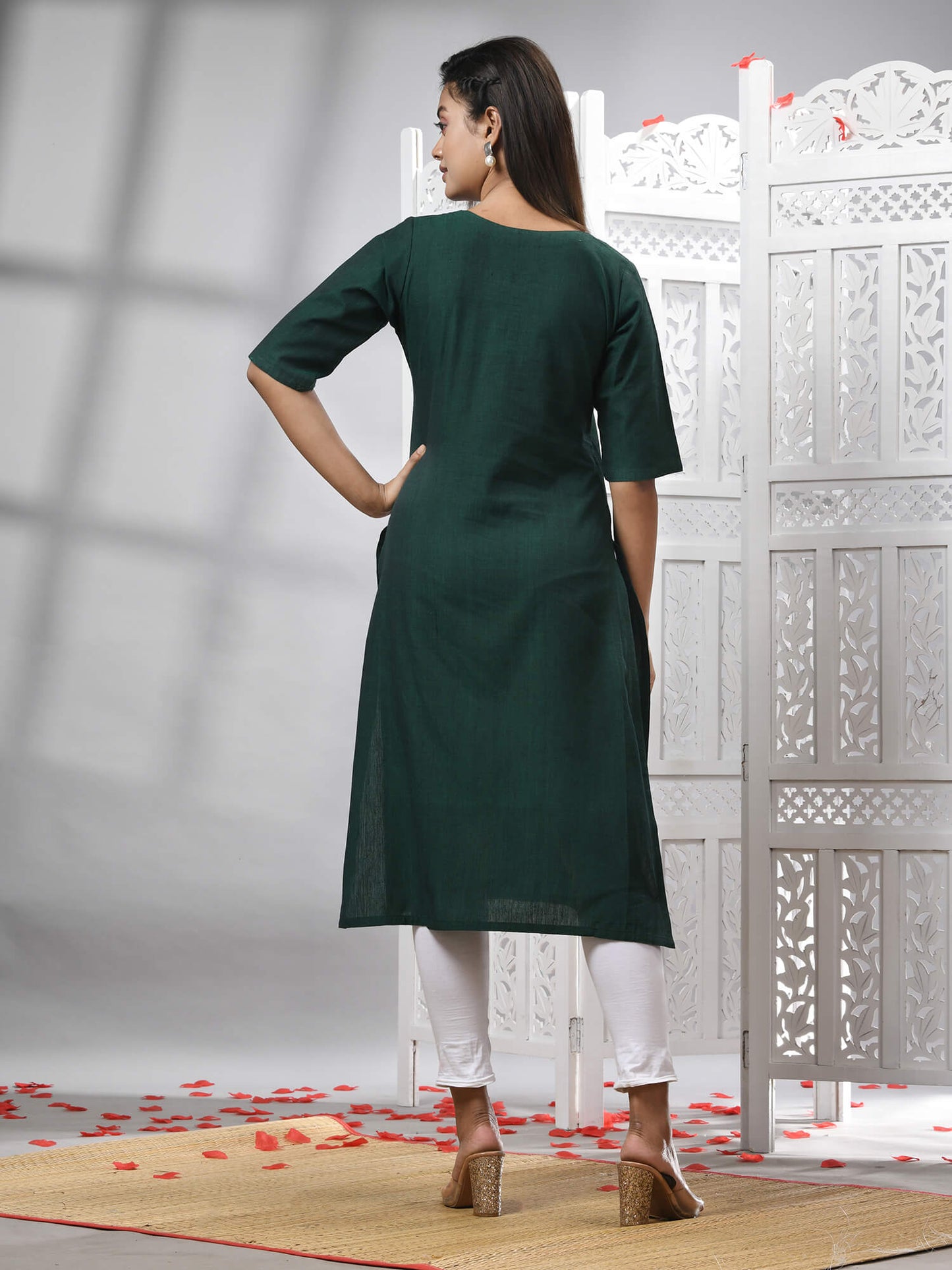 Bottle Green Cotton Bengal Handwoven Kurti