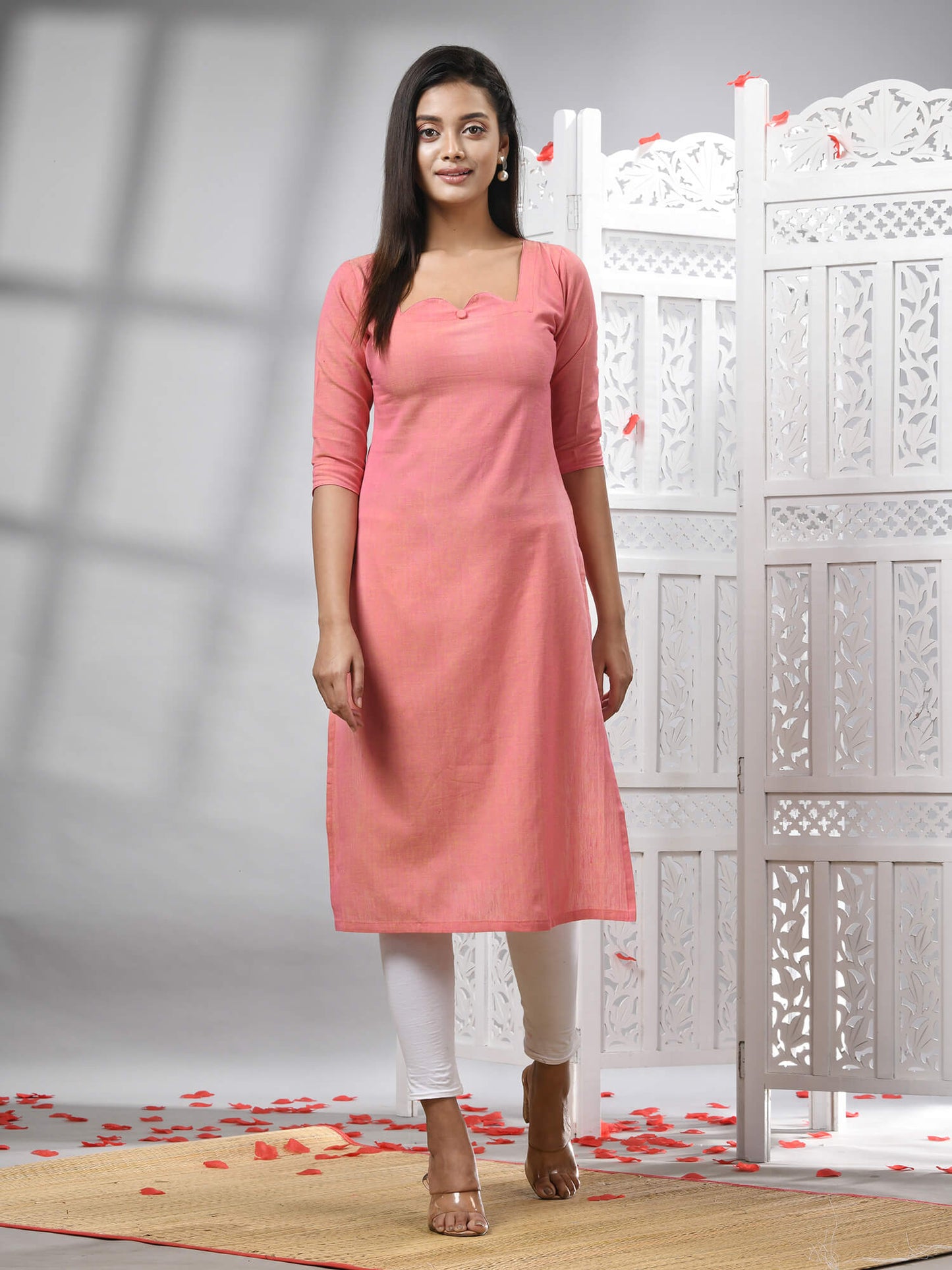 Peach Cotton Bengal Handwoven Kurti