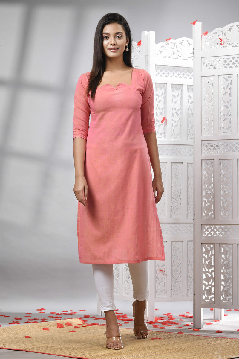 Peach Cotton Bengal Handwoven Kurti