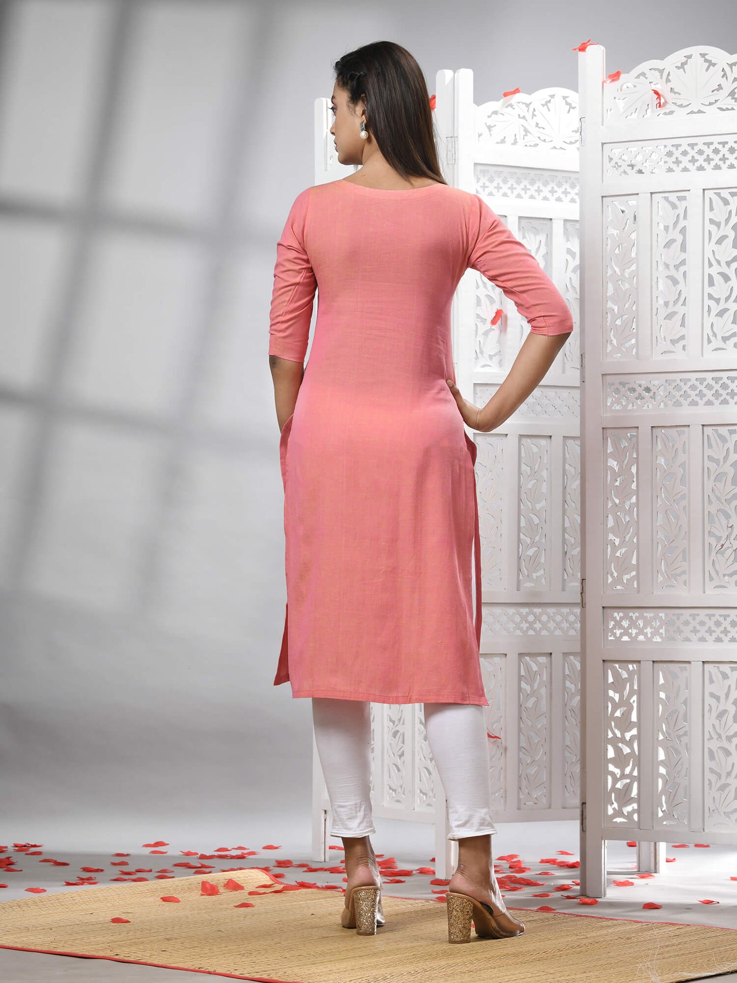 Peach Cotton Bengal Handwoven Kurti