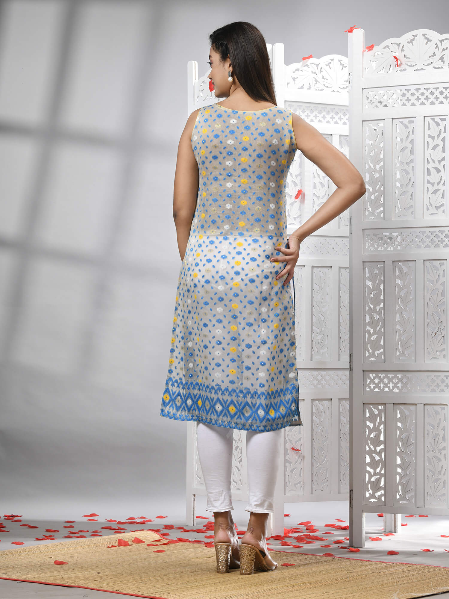 Tan Blue Cotton Bengal Handwoven Kurti