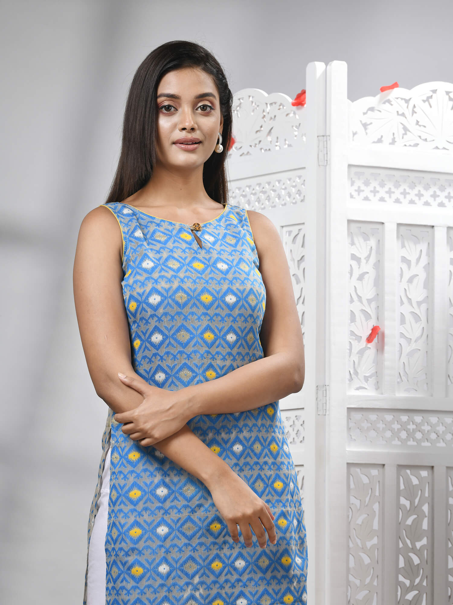 Tan Blue Cotton Bengal Handwoven Kurti