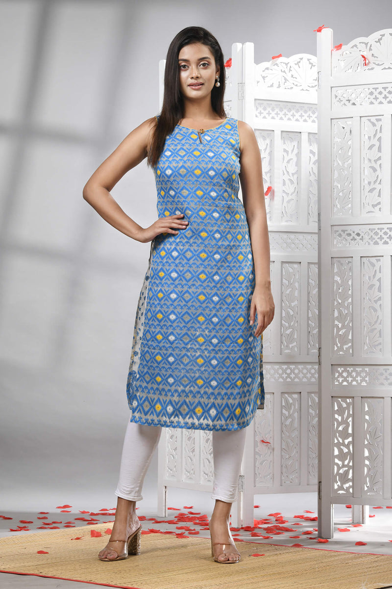 Tan Blue Cotton Bengal Handwoven Kurti