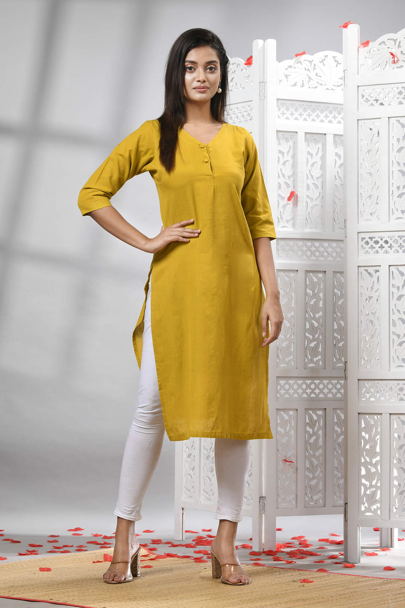 Mustard Cotton Bengal Handwoven Kurti