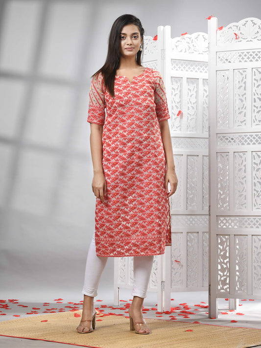 Red Cotton Bengal Handwoven Kurti